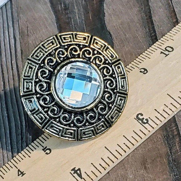 Y2K Bronze Clear Faceted Crystal Round Greek Key Cocktail Ring Vintage Grunge - Picture 9 of 9
